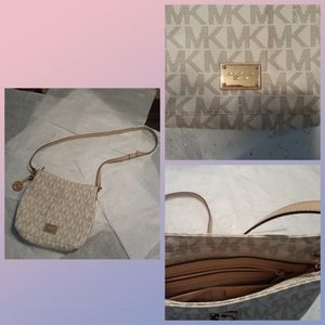White purse with cream strap, MK , crossover bag